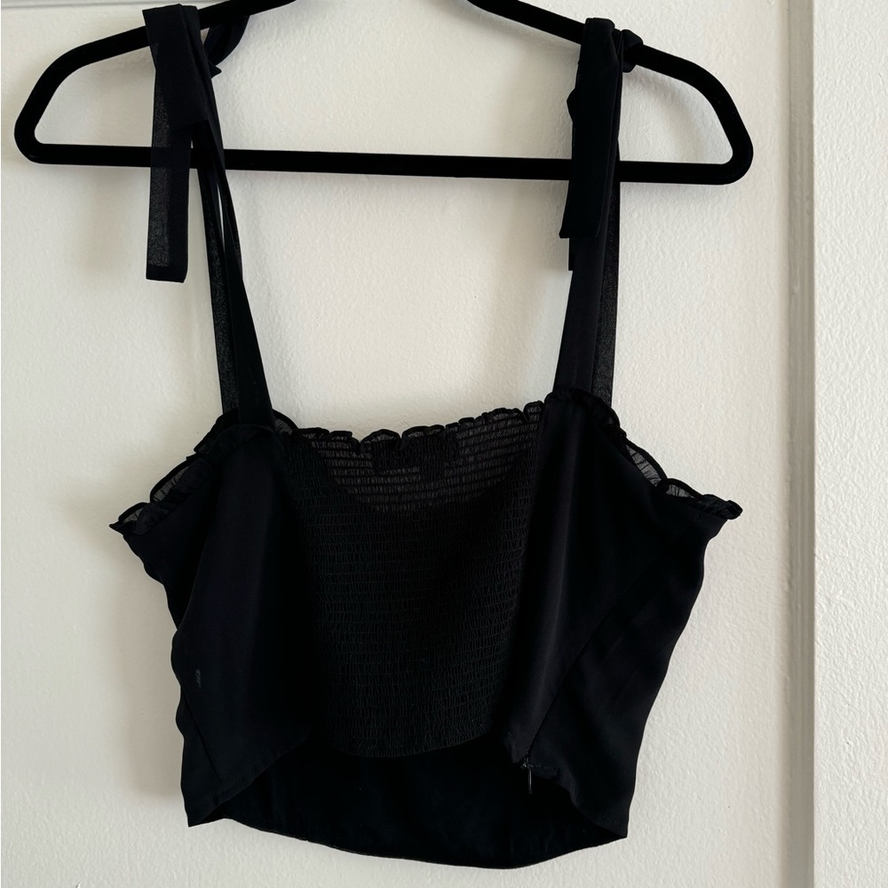 Black silk top with tie sleeves